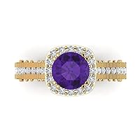 Clara Pucci 2.05 ct Round Cut Solitaire W/Accent Halo Natural Purple Amethyst Anniversary Promise Engagement ring 18K Yellow Gold