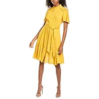 Donna Morgan Women's Petite Short Sleeve Ruffle Neck and Hem Self-tie Fit and Flare Linen Dress