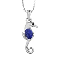 Seahorse Fish Pendant! 7X5mm Oval Shape Lapis and 2mm Round Black Spinel 925 Sterling Silver 18