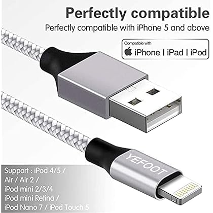 [Apple MFi Certified] 5Pack(3/3/6/6/10FT) iPhone Charger Nylon Braided Fast Charging Lightning Cable Compatible iPhone 14Pro/14/13Pro/13/12Pro/12/11and More-Silver&White