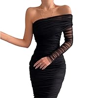 Neck Backless Party Dress Women One Shoulder Long Sleeve Mesh Elegant Temperament Slim Solid Dresses