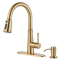 WOWOW Kitchen Faucet with Sprayer,Gold Single Handle High Arc Stainless Steel Kitchen Faucet Tap with Pull Down Sprayer for Sink 2 or 4 Hole,Pull Out Kitchen Faucet with Deck Plate & 3 Functions