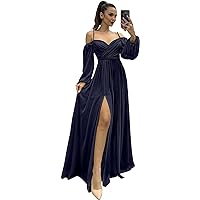 Women’s Long Sleeve Bridesmaid Dresses with Pockets Spaghetti Straps Pleated Formal Cocktail Prom Dress with Slit