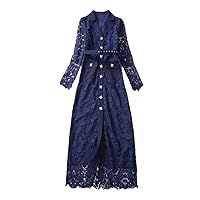Autumn Long Sleeve Midi Blue Lace Dresses for Women Hollow Embroidery Single Breasted Party Dresses for Women Robe