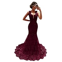Women's Lace Appliques Long Mermaid Evening Dress Sleeveless Tulle Prom Dress Ball Gown