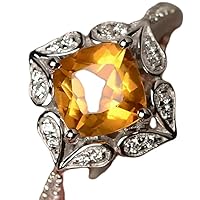 Solid 925 Sterling Silver & Natural Citrine 7x7mm Cushion Shape Princess Cut November Birthstone Promise Ring for Men & Women. (Choose Your Size) |LW_GSR_0534