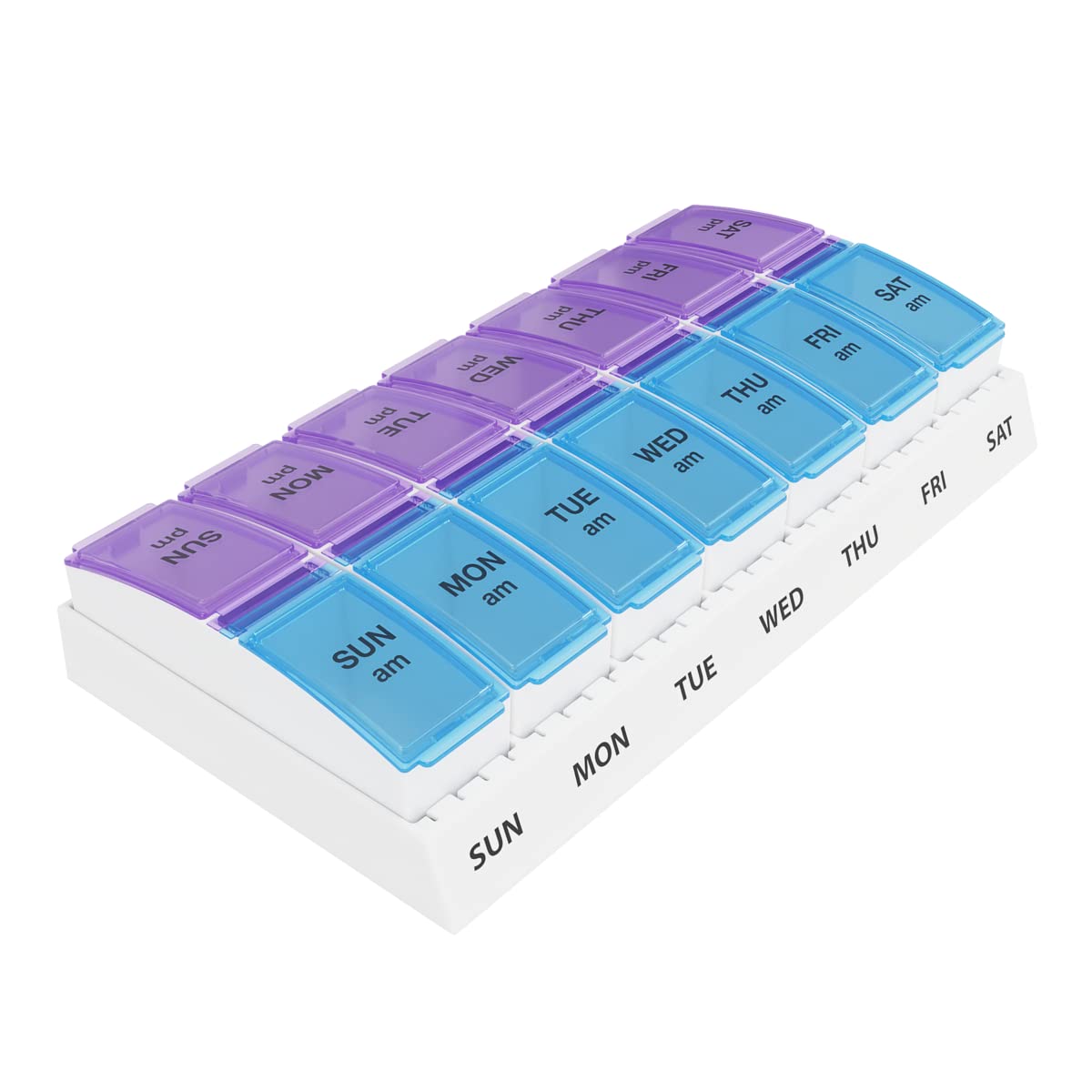 Ezy Dose Weekly (7-Day) AM/PM Pill Organizer, Vitamin and Medicine Box, Small Pop-out Compartments, 2 Times a Day, Blue and Purple Lids