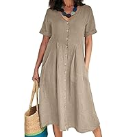 Casual Dresses for Women 2024 Summer Short Sleeve V-Neck High Waisted Loose Fit Linen Button Dress with Pockets