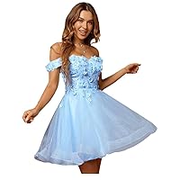 Sparkly Tulle Homecoming Dresses Off Shoulder 3D Flowers Short Lace Prom Party Gowns for Teens