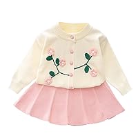 IWEMEK Kids Baby Girls Fall Outfit Knitted Buttons Sweater Coat Tops Mini Pleated Skirt Set Long Sleeve Autumn Winter Clothes