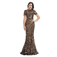 Womens Short Sleeves Sequins A line Evening Dress Bridesmaid Dresses Formal Party Prom Gowns
