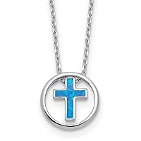 925 Sterling Silver Rhodium Plated Blue Simulated Opal Inlay Religious Faith Cross With 2in Extension Neck 16 Inch Measures 12.4mm Wide Jewelry for Women