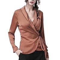 Womens Woven Blouse Solid Color Long Sleeve Crossed V-Neck Lace-Up Shirt Autumn Tops Slim Tunic Tops