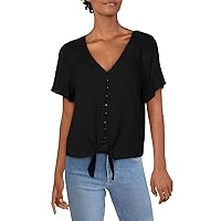 Womens Juniors Button Down Smocked Blouse Black M