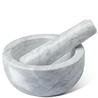Marble Mortar and Pestle Set: Kitchen Grinder from Natural Marble in Large Size 5.5in in Diameter - Manual Spice Grinder Pills Crusher with Pestle in White
