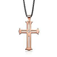 Gem Stone King Religious Cut-Out White Lab Grown Diamond Cross Pendant Necklace Gold IP Rose Plated Tungsten Carbide Scratch-Proof (2 Inch, with 24 Inch Stainless Steel Chain)