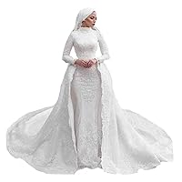 Muslim Arabic high Neck Long Sleeves lace Women Ball Gown Princess Wedding Dress for Bride with Train
