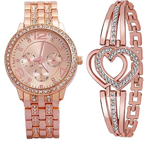 Aleafa Armlet Presents Rose Gold Watch & Bracelet Combo Set for Girls (Two Hearts Diamond) #Aport-1617