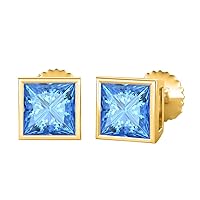 Bezel Set Princess Cut Created Gemstones (9MM) Solitaire Stud Earrings 14K Yellow Gold Over .925 Sterling Silver