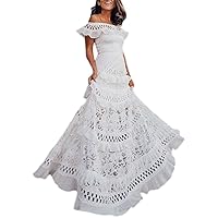 Summer Casual Dresses for Women 2024 Floral,Dress Maxi Out Holiday Sundress Lace -Neck Boho Hollow Summer Solid