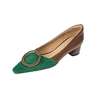 TinaCus Women's Suede Leather Handmade Stitching Color Decorated Metal Ring Square Toe Low Heel Dressy Pumps Shoes