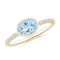 Aquamarine Bezel Set Oval 7x5mm East-West Ring With Side Accents | Sterling Silver 925 With Rhodium Plated | Beautiful Ring For Girls And Woman's For Any Occasional.