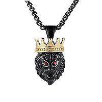 Punk Black Stainless Steel Lion King Crown Pendant Necklace with Red Eyes, 24 inch Chain