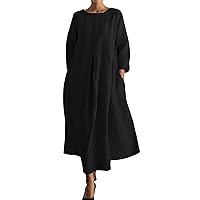 Womens Casual Beach Dresses Crewneck Long Sleeve Plus Size Dresses Swing Loose Pleated Maxi Dresses with Pockets