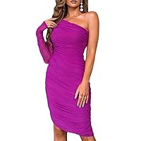 Fashion One Shoulder Long Sleeve Tight Dress Summer Pleated Short Party Dinner Dress for Women's