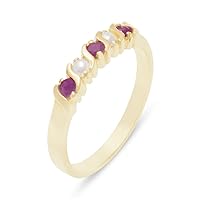 Solid 585 14k Yellow Gold Real Genuine Ruby & Cultured Pearl Womens Eternity Band Ring