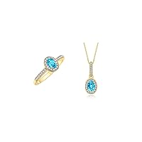 Rylos Matching Jewelry Yellow Gold Plated Silver Halo Pendant Necklace & Matching Ring. Gemstone & Diamonds, 18