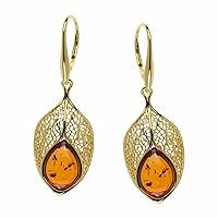 Cognac Color Baltic Amber Earrings in Yellow Gold-plated Sterling Silver 3767