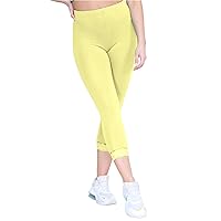 New Womens Lace Trim Plain 3/4 Leggings Gym Stretch Capri Cropped Jogging Pants Yellow