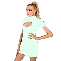 Plus Size High Neck Short Sleeve Skinny Dress Women Wetlook PVC Open Bust Dress