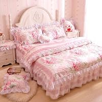 LeLv Romantic Flower Print Bedding Set,Floral Bed Set,Princess Lace Ruffle Duvet Cover King Queen Twin,4pcs (Pink, Twin)