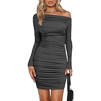 Woxlica Ruched Bodycon Dresses for Women Long Sleeve Off The Shoulder Mini Dress