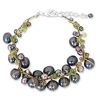 NOVICA Peridot Dyed Gray Cultured Freshwater Pearl Silver Plated Beaded Bracelet 'Mist Queen'