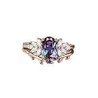 MRENITE 10K 14K 18K Gold Alexandrite Rings Set for Women Art Deco Unique Vintage Design Engrave Names Size 4 to 12 Anniversary Birthday Jewelry Gifts for Her