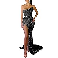 Sequins Strapless Prom Dresses with Train Glitter Sweetheart Evening Party Dresses High Split Mermaid Formal Gowns DR0450