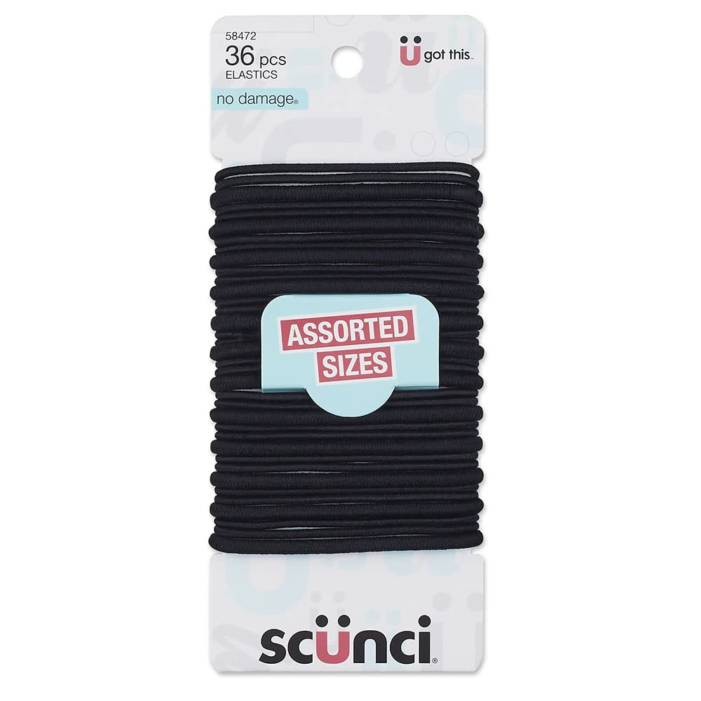 Scunci by Conair No Damage Assorted Sizes Elastics, for Women and Men, Elastic Hair Ties with No Damage in Black, 36 Pack