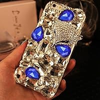 iPhone 13 Pro 6.1'' Fox Diamond Case Luxury Case Glitter Bling Rhinestone Case Girls Women Cover with Lanyard Strap for iPhone 13 Pro 6.1-inch (Blue)