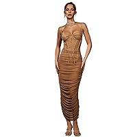 Womens Dresses Sleeveless Long Dresses Solid Rhinestone Detail Ruched Bodycon Dress (Color : Khaki, Size : X-Small)