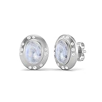 Bezel Set 7x5MM Oval Shape Moonstone 925 Sterling Silver Dainty Stud Earring Women Jewelry