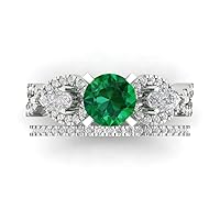 Clara Pucci 2.0ct Round Pear cut Custom Engraving 3 stone Faux Green Emerald Engagement Ring Band Wedding Bridal Set 14k White Gold 10