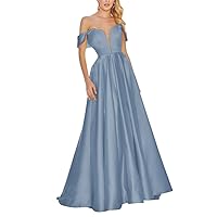 Satin Prom Dress V-Neck Long Ball Gown Off Shoulder A-Line Evening Dresses Dusty Blue