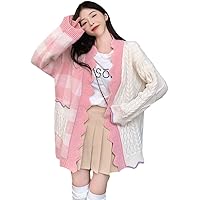 Plaid Patchwork Knitted Sweater Long Sleeve Oversized Knit Cardigan Female Casual Loose Sweet Coats Ladies