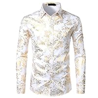 Shiny Paisley Printed Dress Shirts for Men - Long Sleeve Button Down White Shirt Wedding Groom Party Dinner Shirt