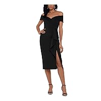 Xscape Womens Ruffled Midi Cocktail and Party Dress Black 4