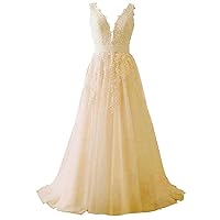 ZHengquan Women's Sleeveless Tulle Lace Applique Bridal Gown Backless V Neck Wedding Dress
