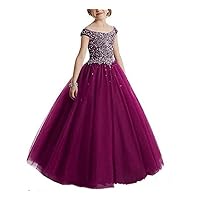 Girl's Off Shoulder Beaded Beauty Pageant Dress Cap Sleeves Ruffled Princess Ball Gown Fuchsia